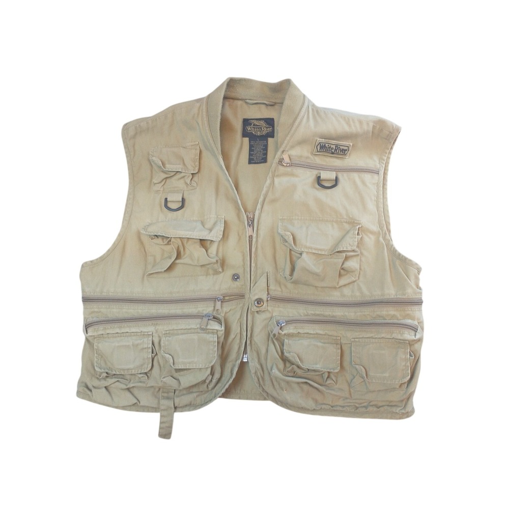 White River Fly Shop Mens Fishing Vest Khaki Tan Multi Pocket Utility Large